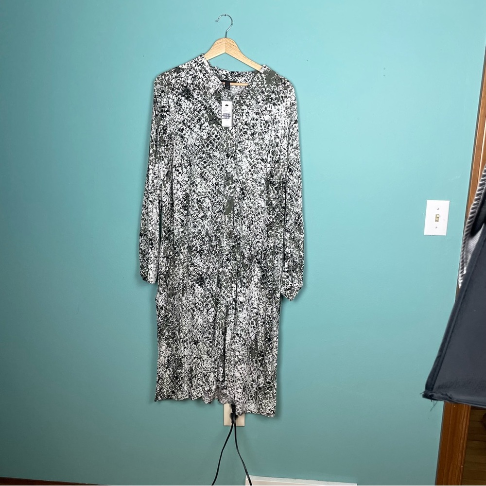 Lane Bryant 14/16 Shirt Dress Roll Tab Sleeves Button Front Black White Gray NWT